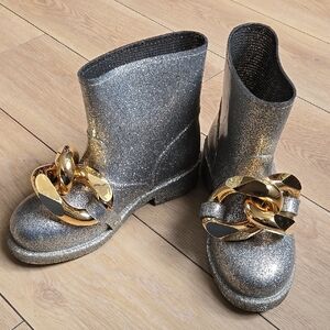 JW Anderson Silver Glitter Ankle Boots with Gold Chain Accent Sz Eu 39